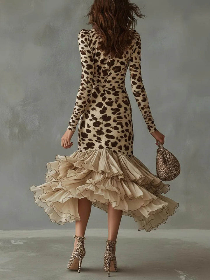 Ruffled V-neck Printed Maxi Dress