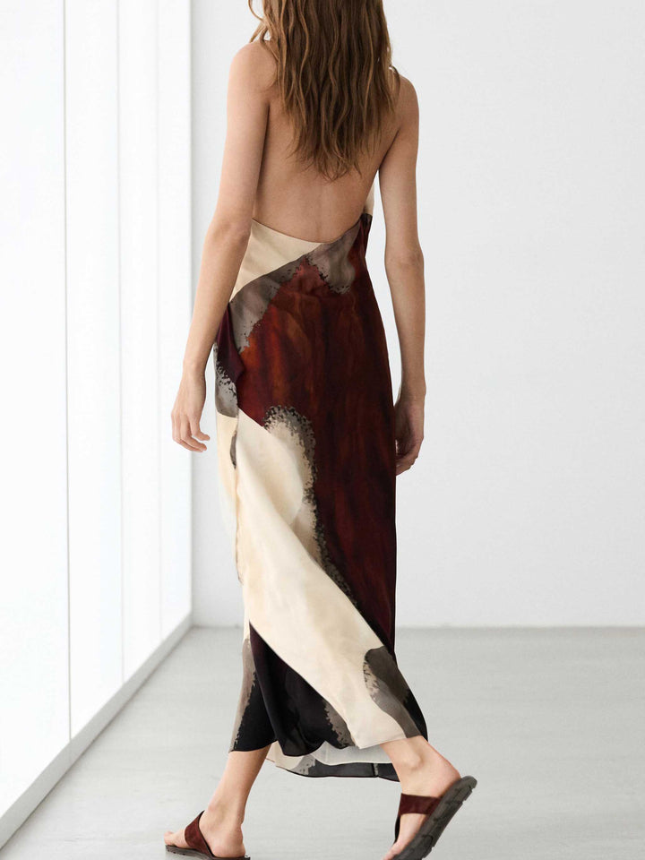 Elegant Abstract Print Halter Maxi Dress