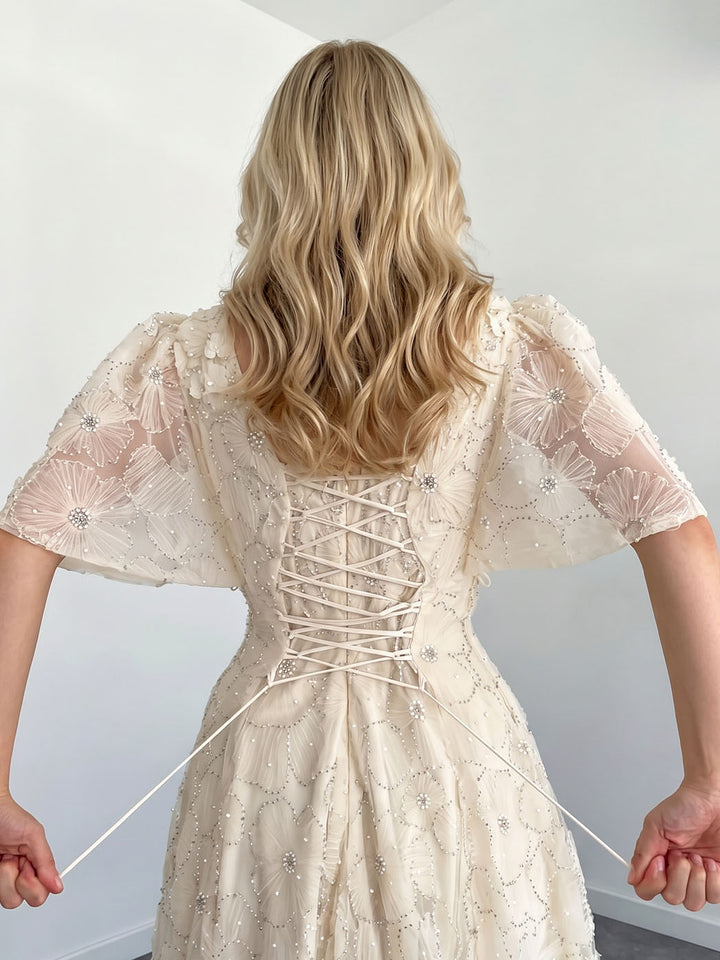 Elegant Square Neck Sheer Tulle Floral Embroidered Maxi Dress