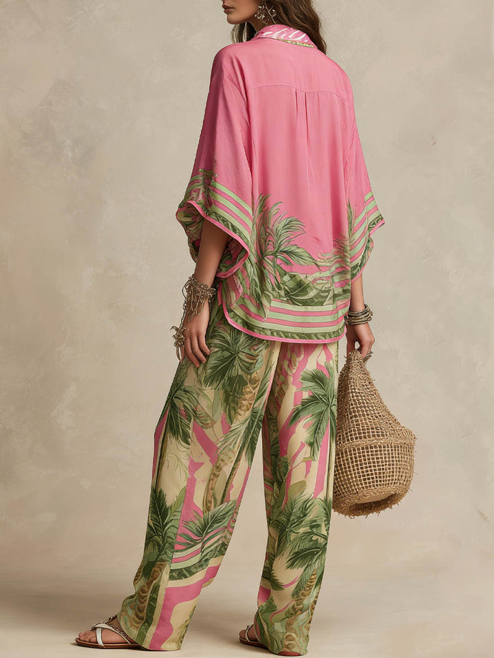 Bohemian Tropical Print Loose Batwing Sleeve Shirt
