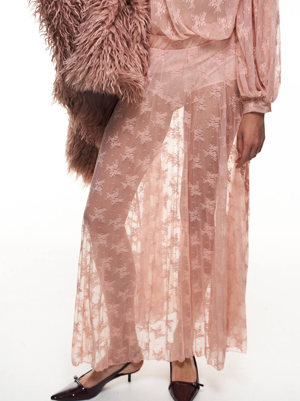 Elegant Mesh Ruffled Lace High-Neck Blouse & Elastic Waist Skirt Set