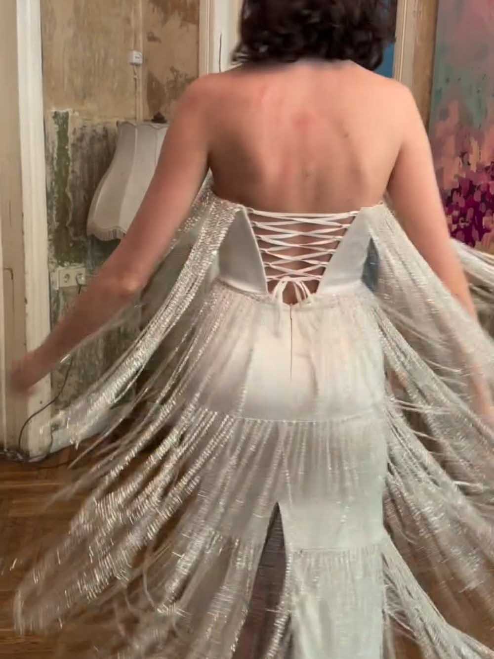 Sequin Tiered Fringe Strapless Maxi Dress