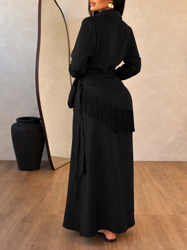 Casual Wrap Fringe Button-Front Shirt Maxi Dress