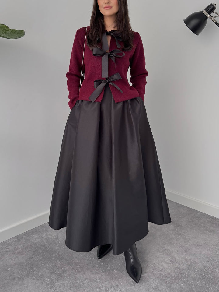 Elegant Bow-Knit Cardigan And A-Line Maxi Skirt Set