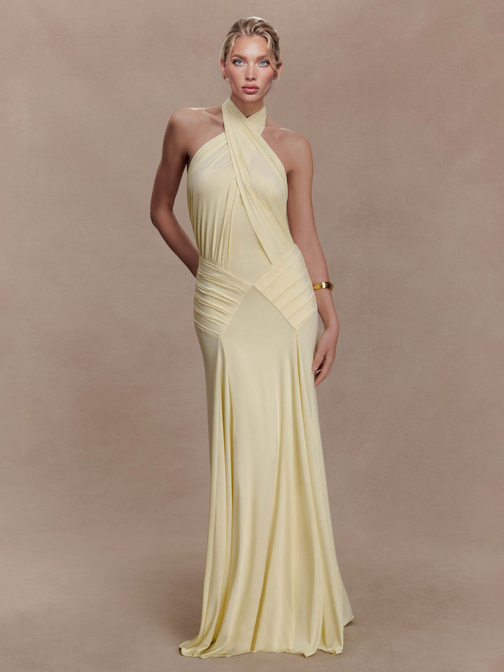 Elegant Pleated Fitted Backless Maxi Dress