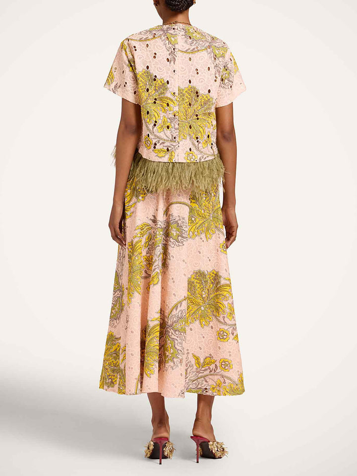 Elegant Paisley Print Feather Trim Top