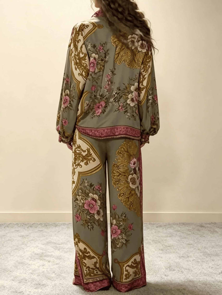 Retro Floral Baroque Print Satin Button-Up Shirt