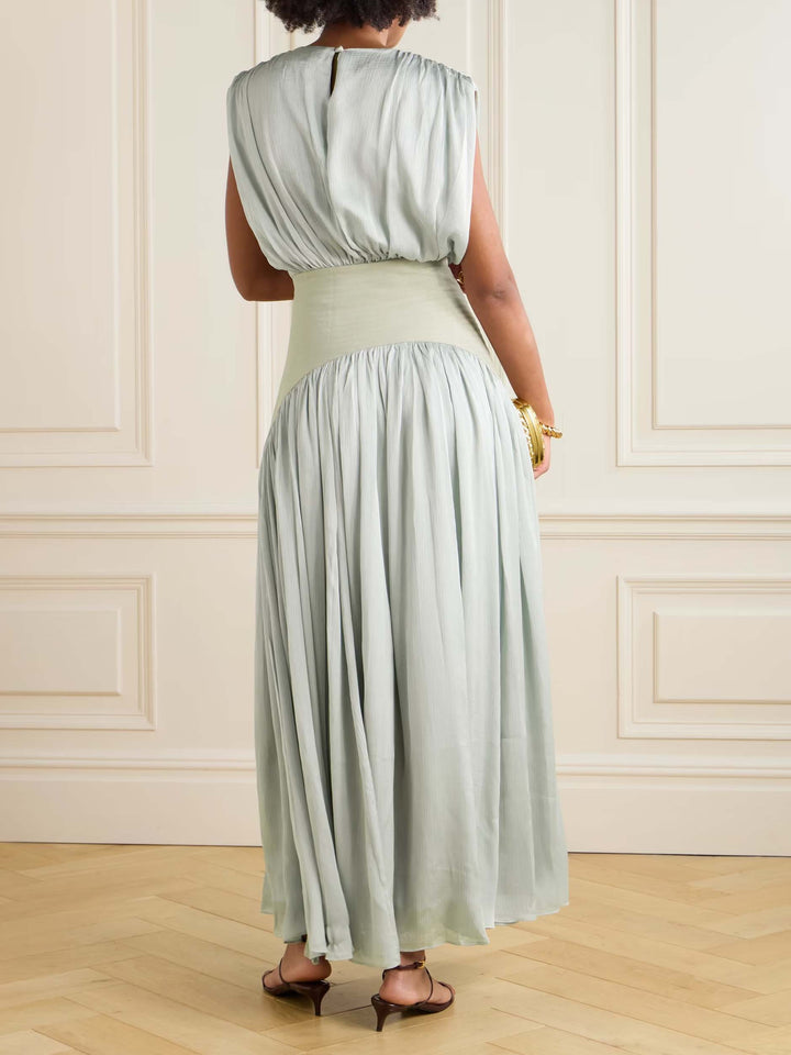 Elegant Wide Belted Pleated Sleeveless Maxi Dress
