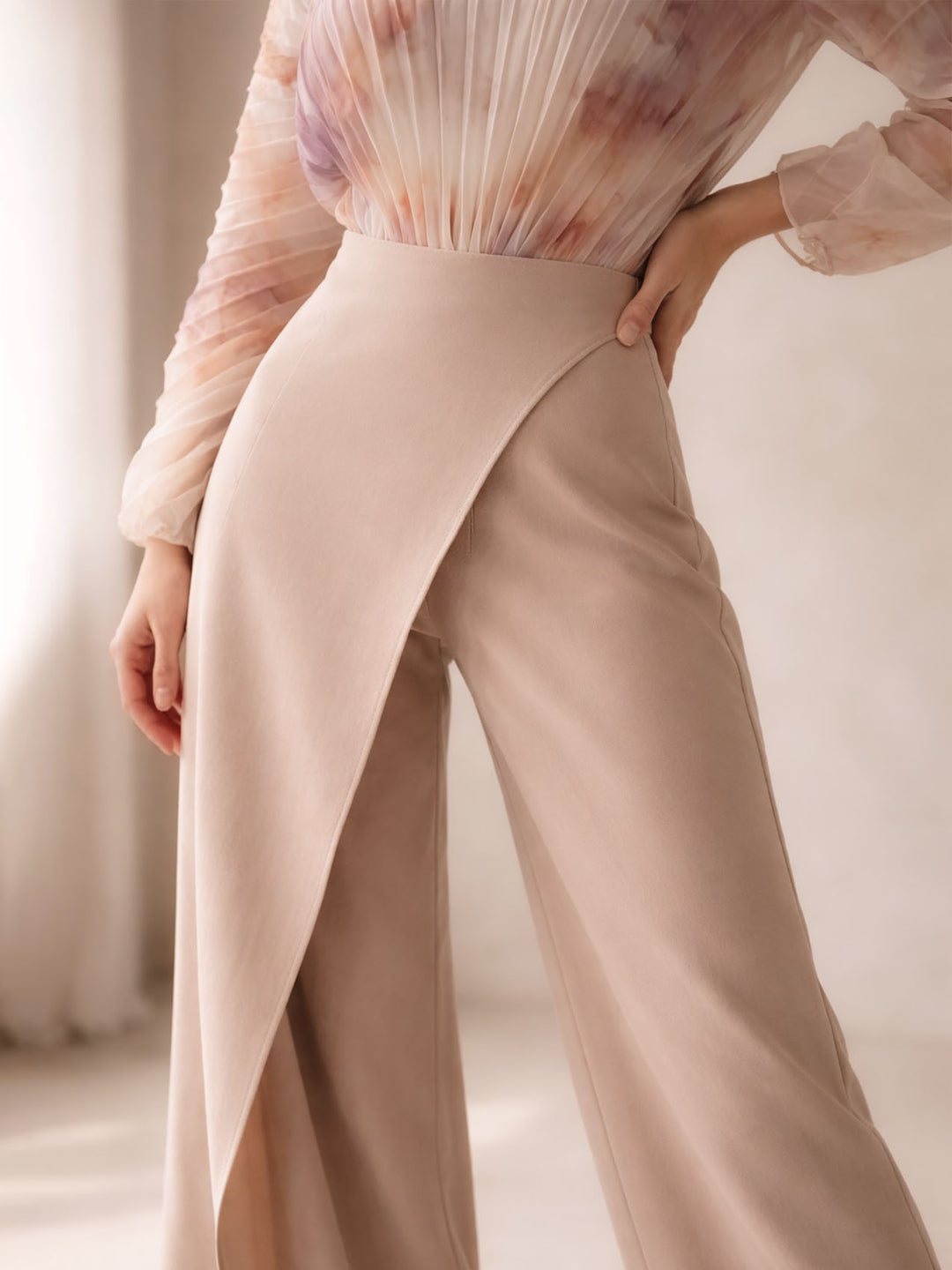 Elegant Pleated Long Sleeve Asymmetrical Wide-Leg Jumpsuit
