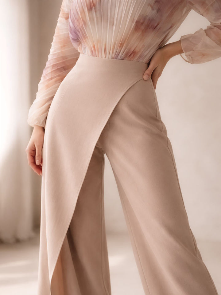Elegant Pleated Long Sleeve Asymmetrical Wide-Leg Jumpsuit