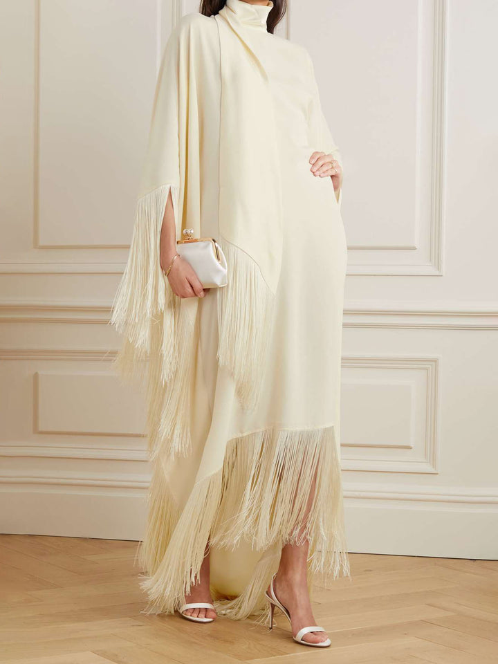 Elegant High-Neck Fringe Trim Asymmetrical Maxi Dress