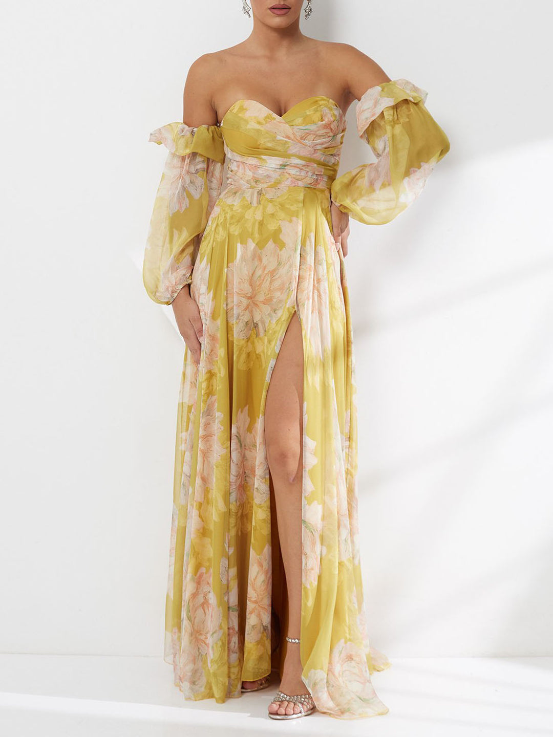 Elegant Floral Off-Shoulder Slit Chiffon Maxi Dress