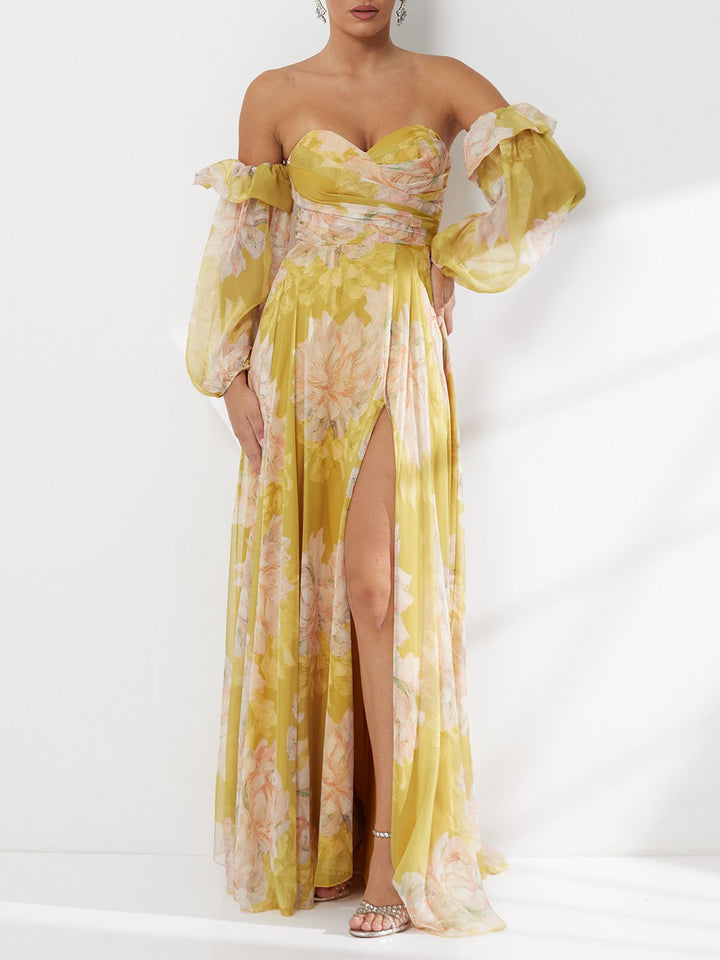 Elegant Floral Off-Shoulder Slit Chiffon Maxi Dress