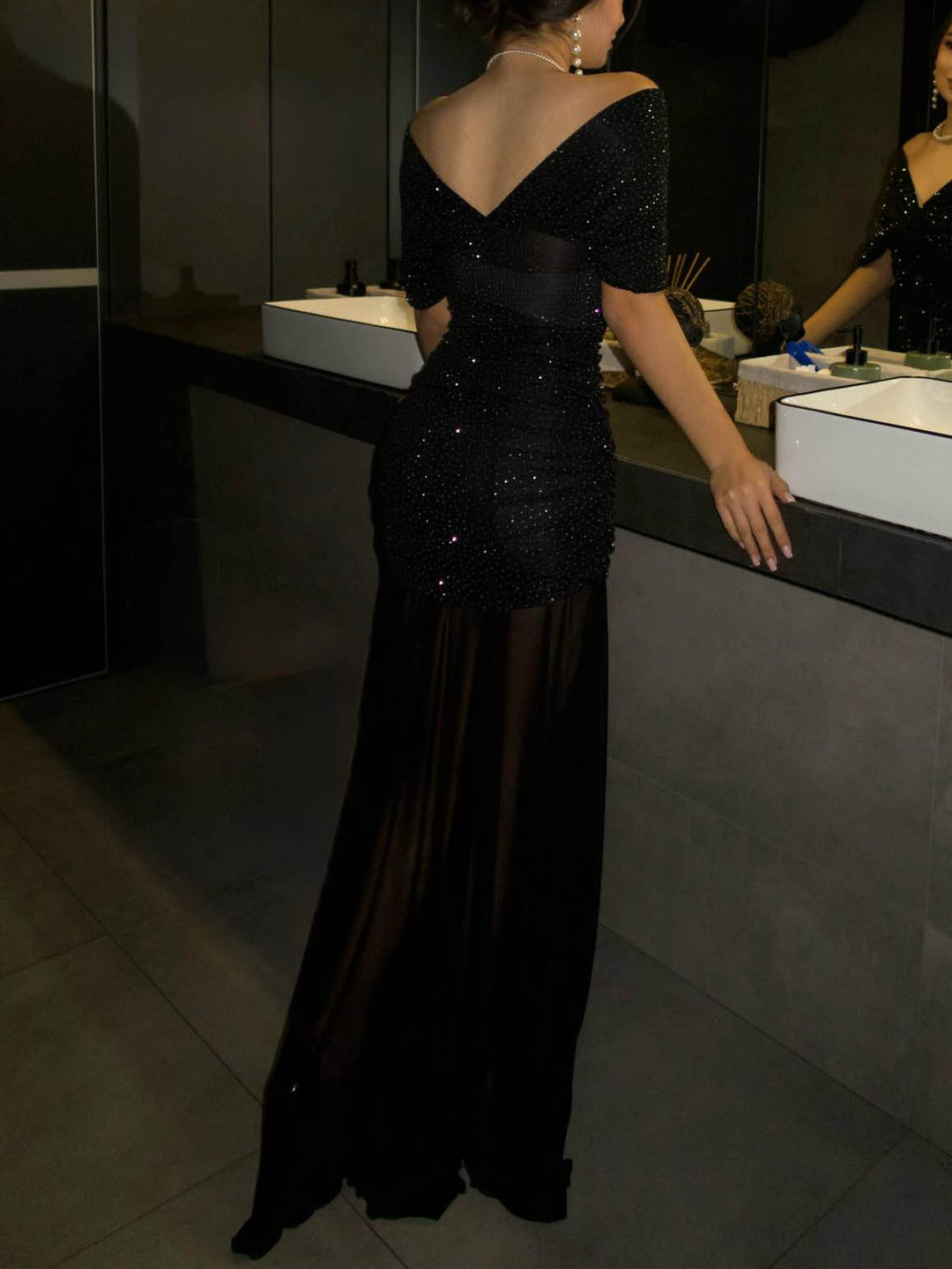 Elegant Off-Shoulder Sheer Mesh Pleated Maxi Dress