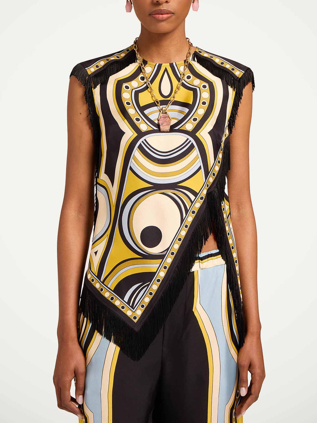 Retro Geometric Print Fringe Top & Wide Leg Pants Two-Piece Set