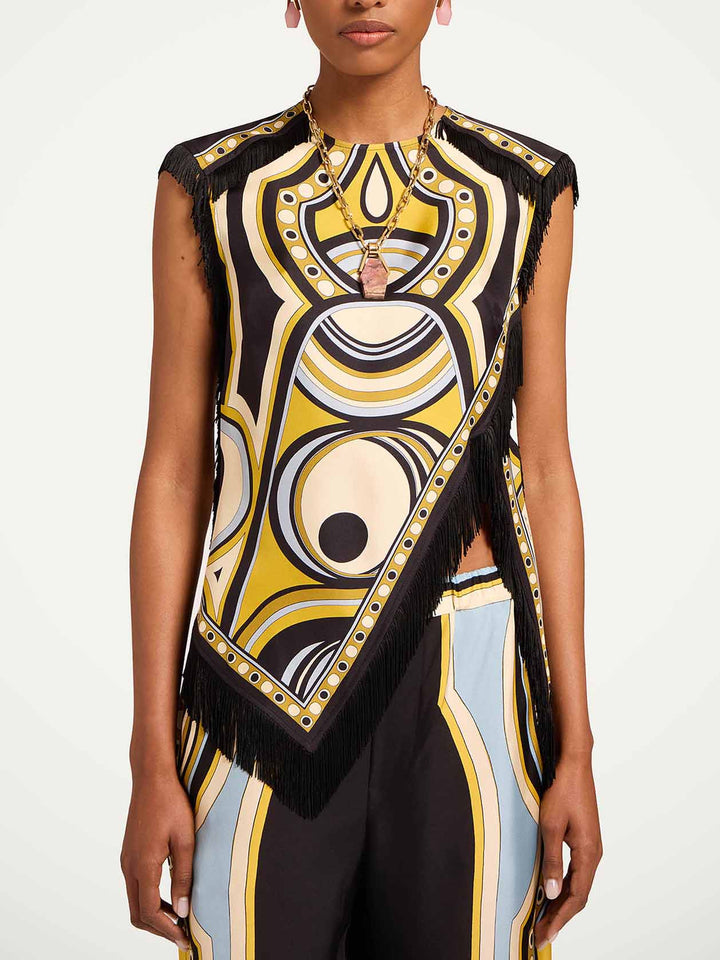 Retro Geometric Print Fringe Top & Wide Leg Pants Two-Piece Set