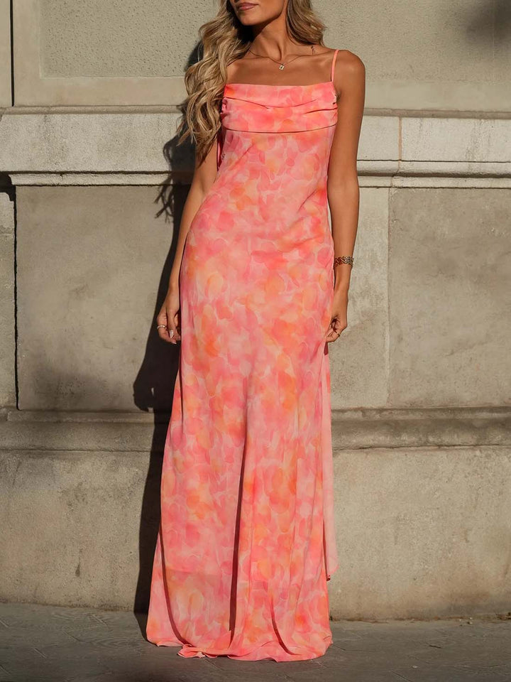 Elegant Watercolor Print Chiffon Maxi Dress