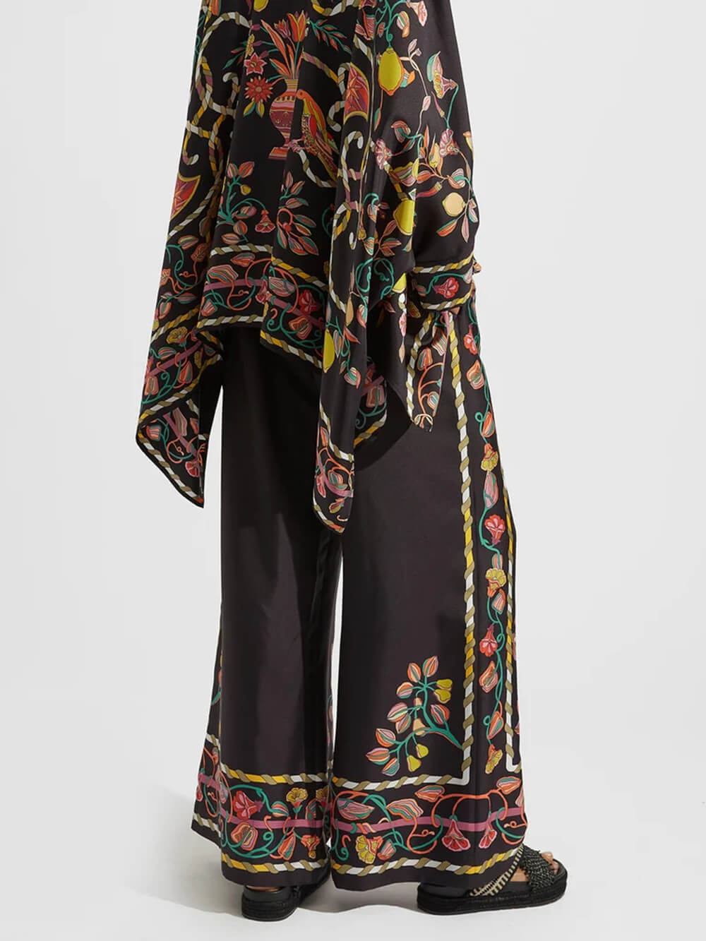 Unique Satin Draped Floral Print High-Waisted Wide-Leg Pants