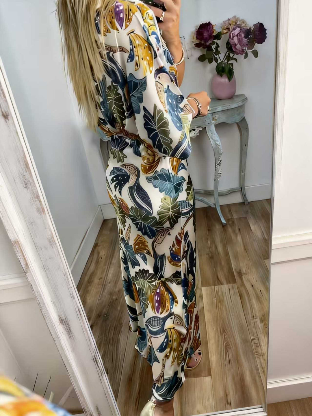 Retro Jungle Palm Leaf Satin Print Two-Piece Set