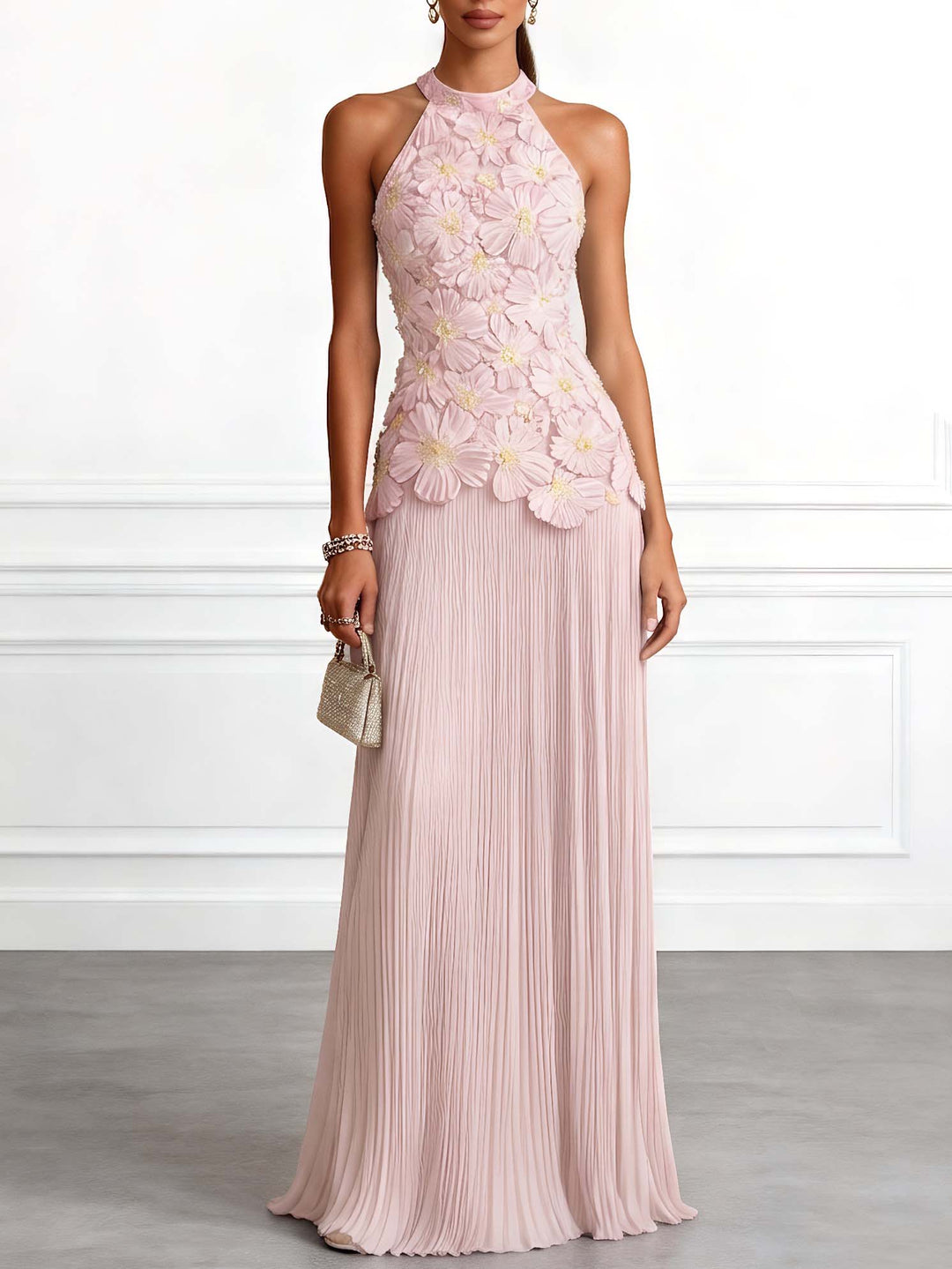 Elegant Halter Neck 3D Floral Appliqué Ruched Maxi Dress