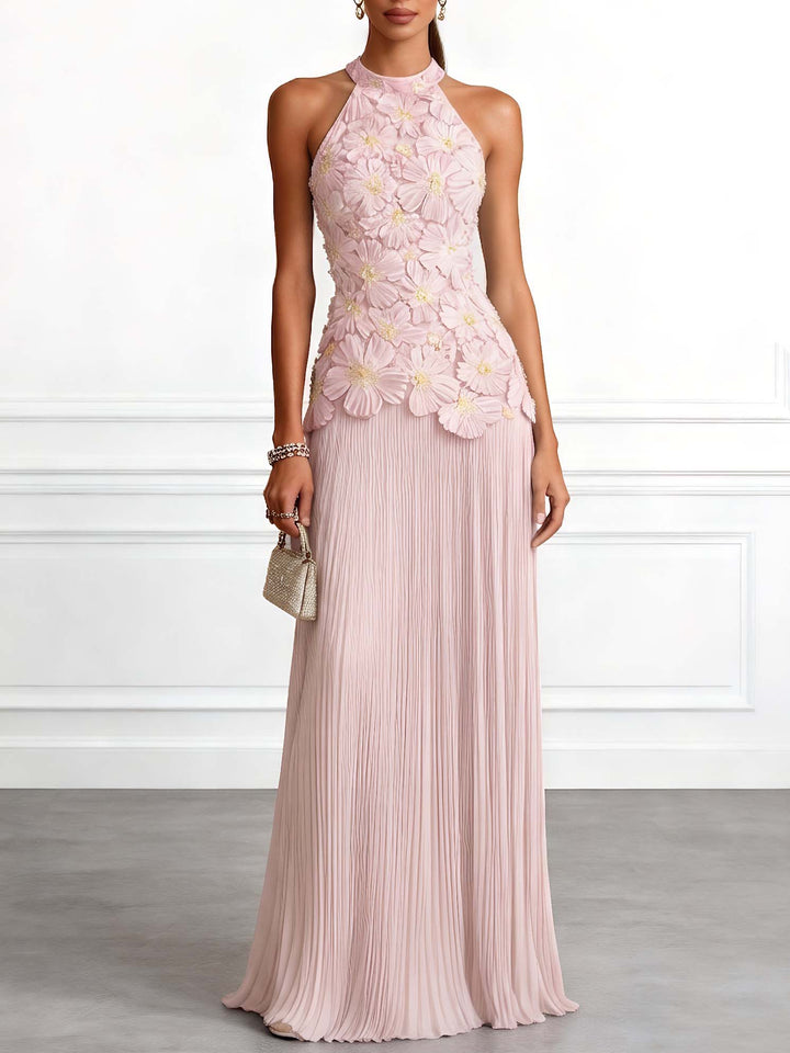 Elegant Halter Neck 3D Floral Appliqué Ruched Maxi Dress