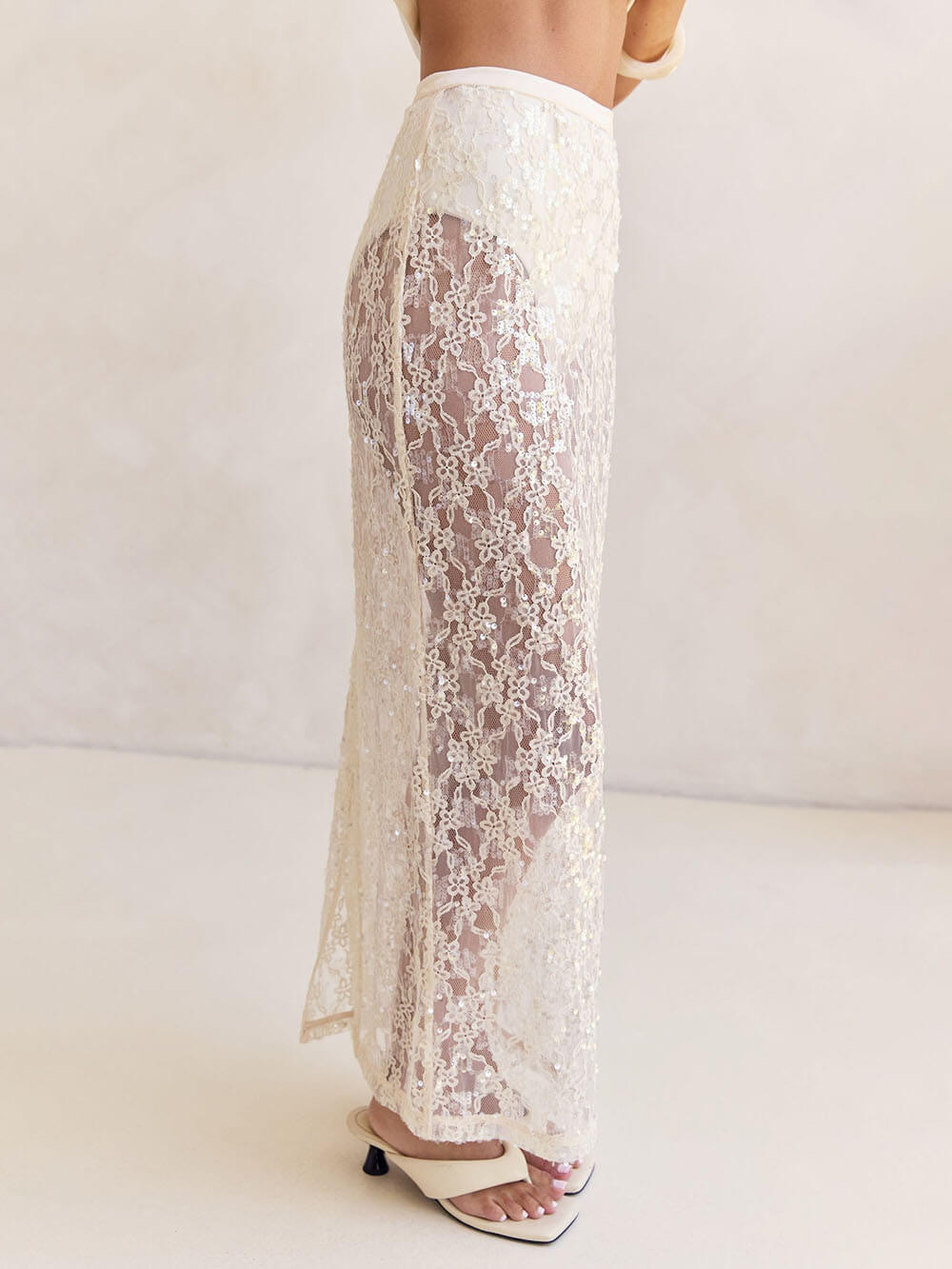 Elegant Sheer Sequin Lace High-Waist Maxi Skirt