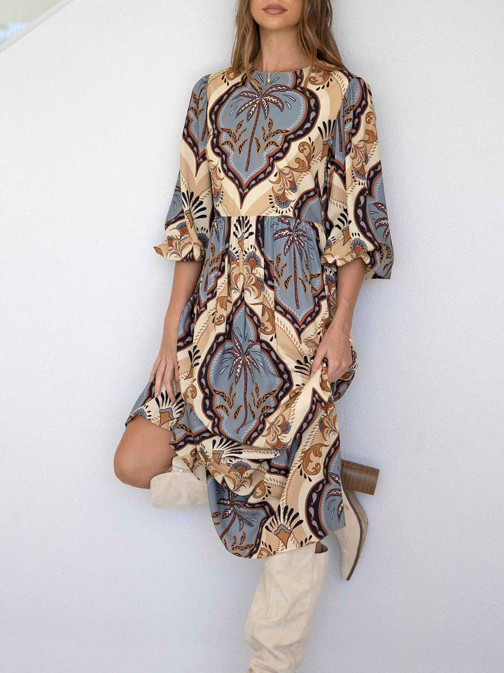 Elegant Vintage Palm Print Belted Maxi Dress