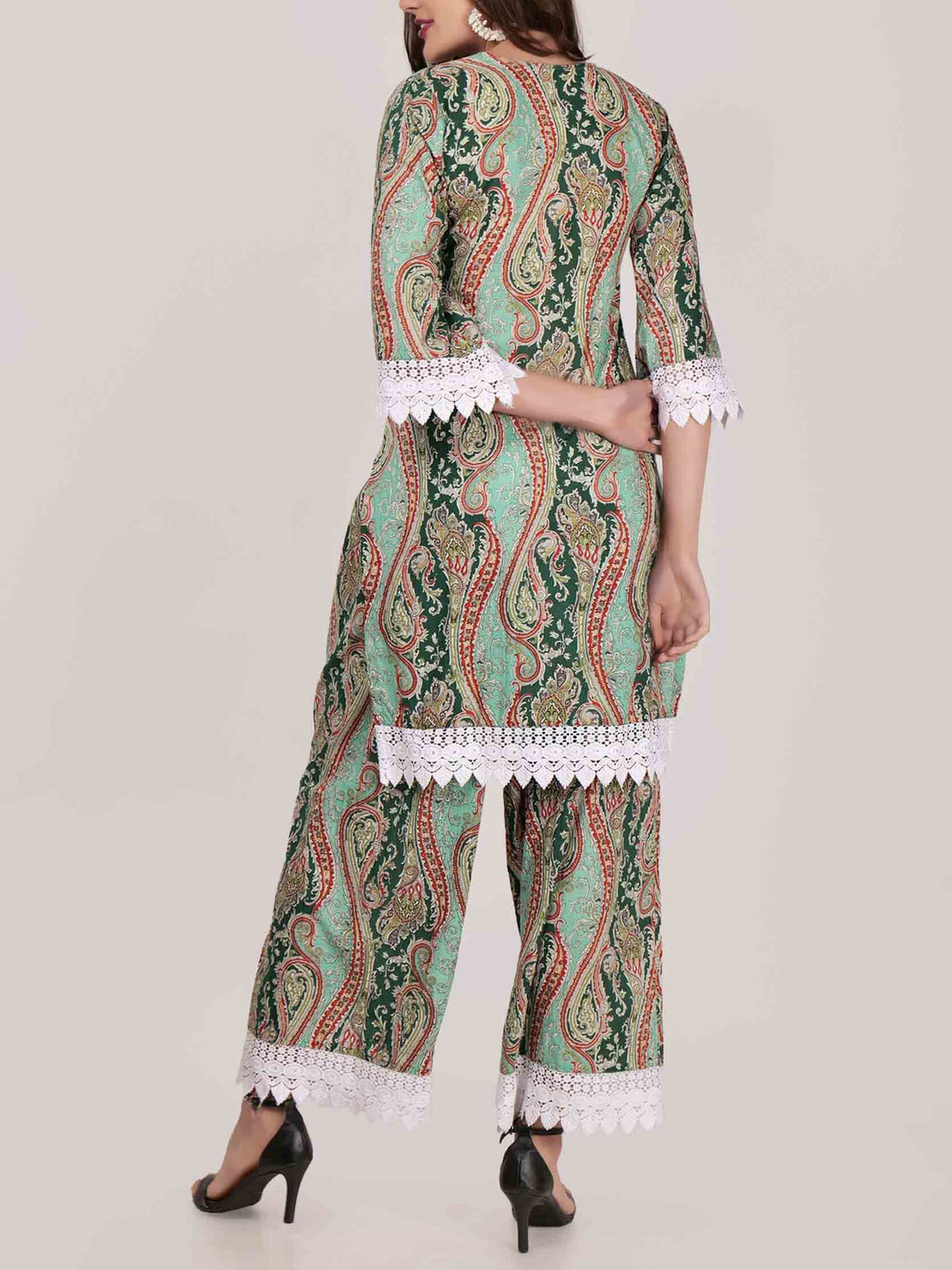 Elegant Paisley Print Lace-trimmed Wide-leg Pants
