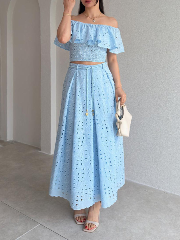 Exquisite Cutout Embroidered Off-Shoulder Ruffle Two-Piece Crop Set