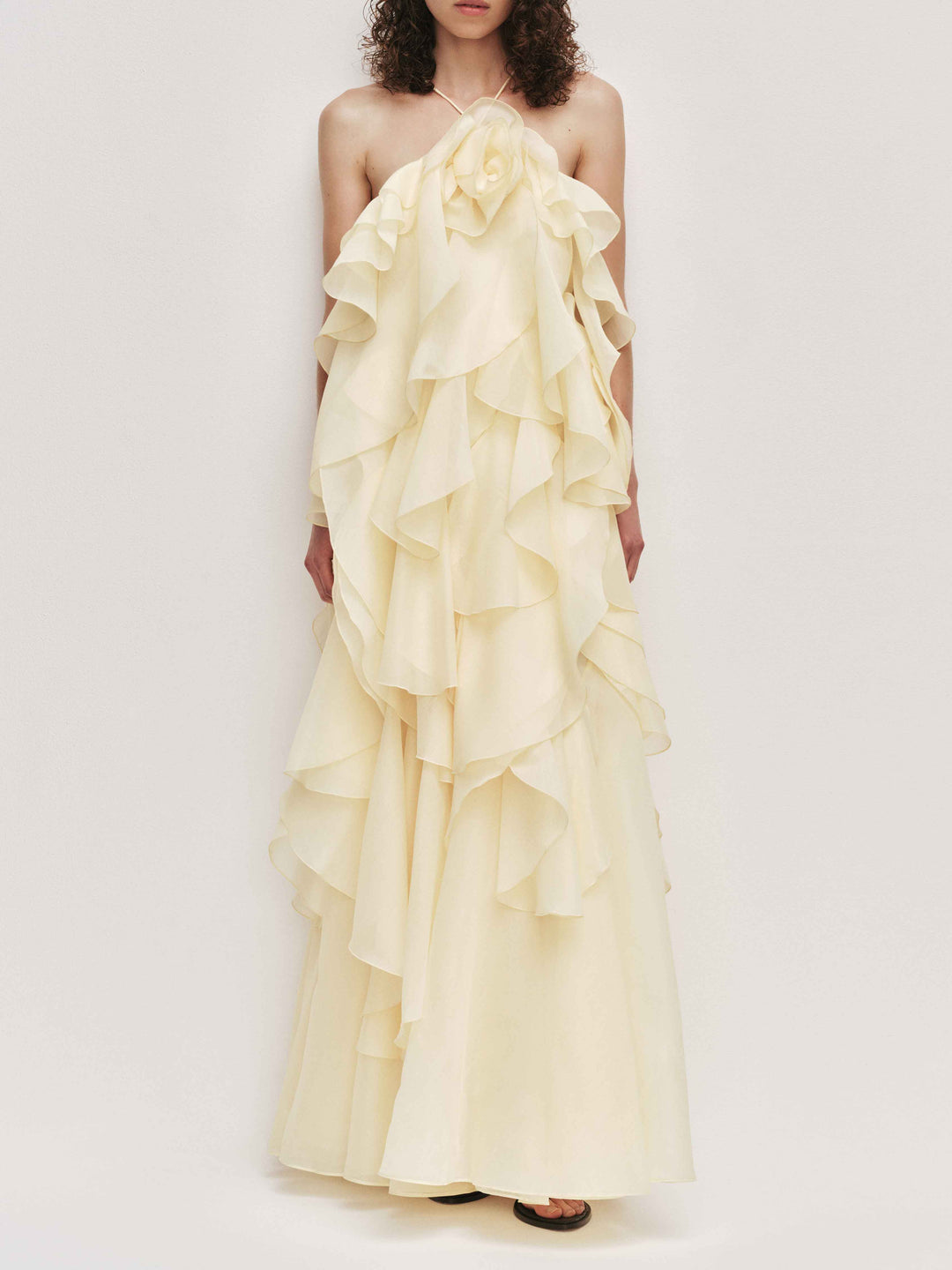 Elegant  3D Flower Ruffle Halter Maxi Dress
