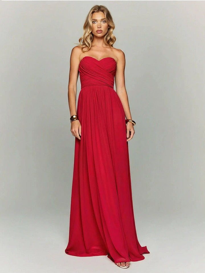 Elegant Strapless Ruched Maxi Dress With Flowing Cape