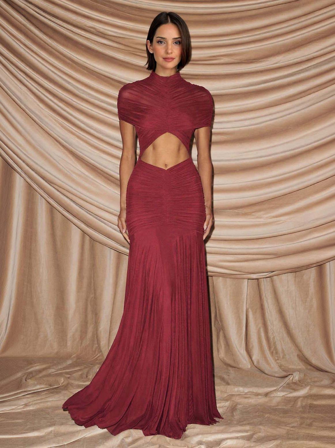 Mesh Pleated Short-sleeved Cutout Maxi Dress
