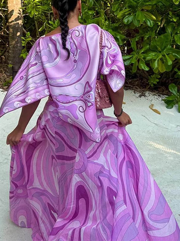Casual Satin Placement Print Cape Top And Flared Skirt Set