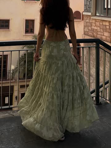 Elegant Floral Jacquard V-Neck Tiered Ruffle Maxi Dress