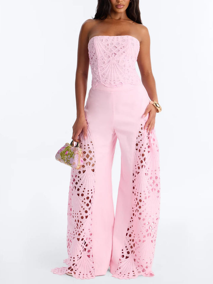 Lace Cutout Strapless Flare Pants Two-Piece Set