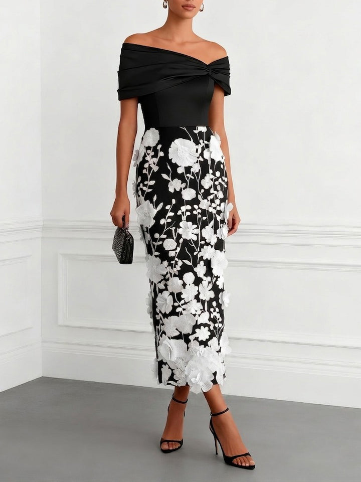 Elegant Floral Embroidered Off-Shoulder Maxi Dress