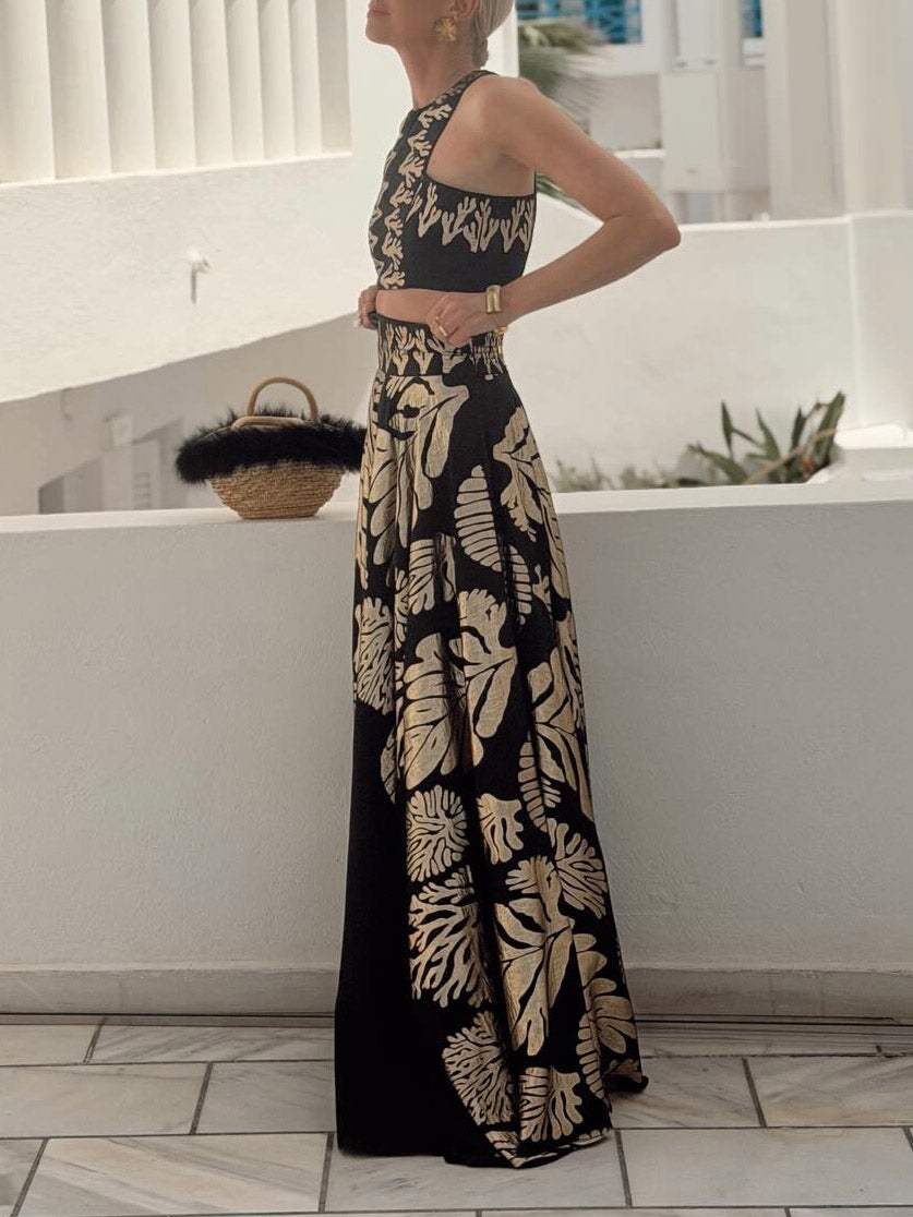Bohemian Leaf Print Crop Top & Maxi Skirt Two-Piece Set