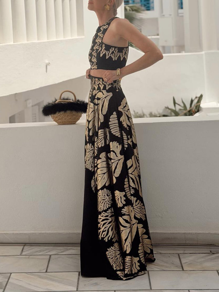 Bohemian Leaf Print Crop Top & Maxi Skirt Two-Piece Set