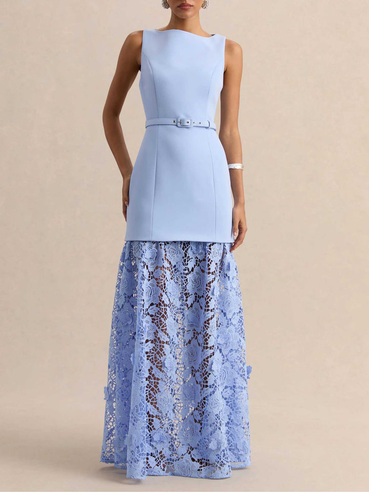 Elegant Boat Neck Belted Lace Hem Maxi Dress