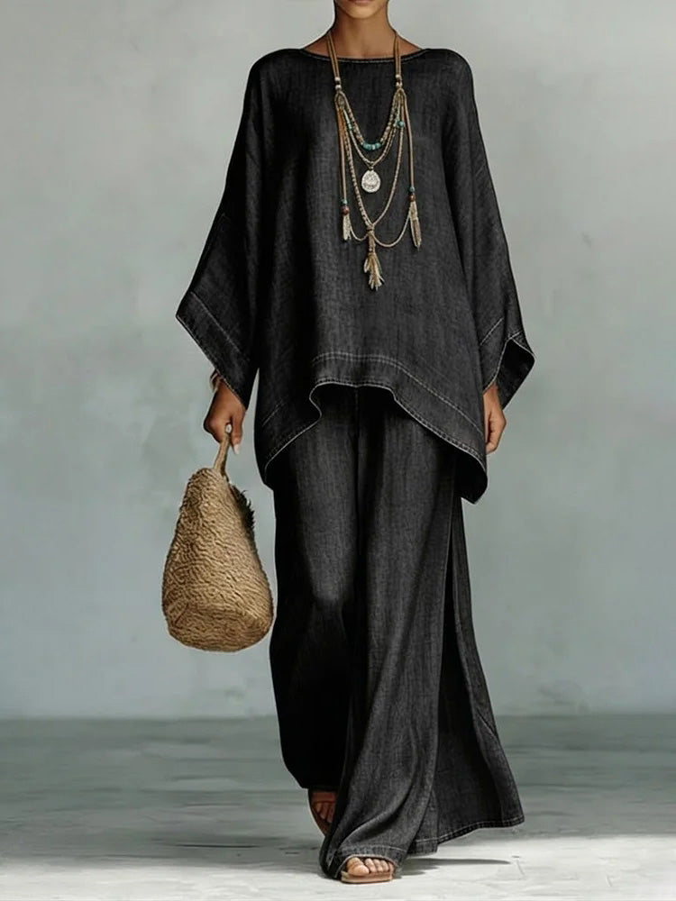 Casual Denim Batwing Asymmetrical Top & Wide Leg Pants Set