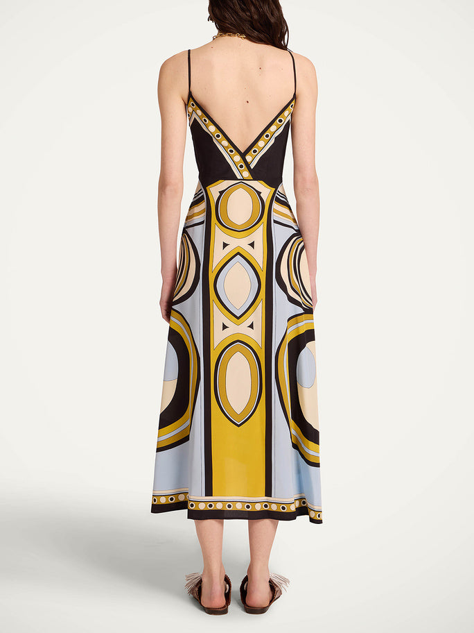Retro Geometric Print V-Neck Slip Midi Dress