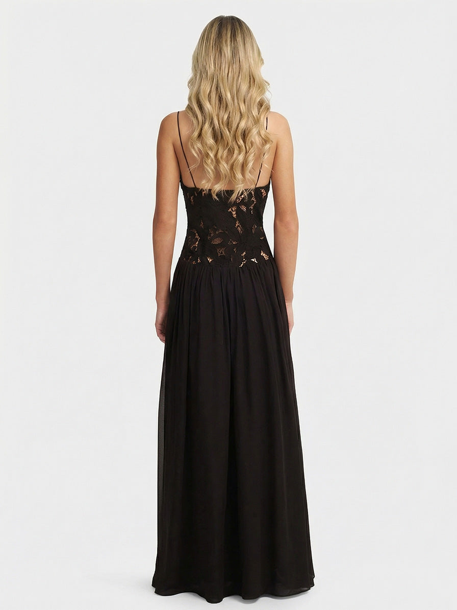 Elegant Lace Spaghetti Strap Floral Appliqué Maxi Dress