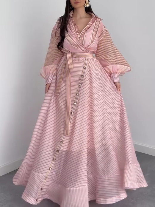 Elegant Striped Wrap Shirt Maxi Dress