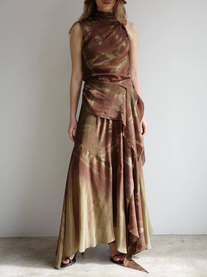 Brown Ombre Tie-Dye Satin Two-Piece Set