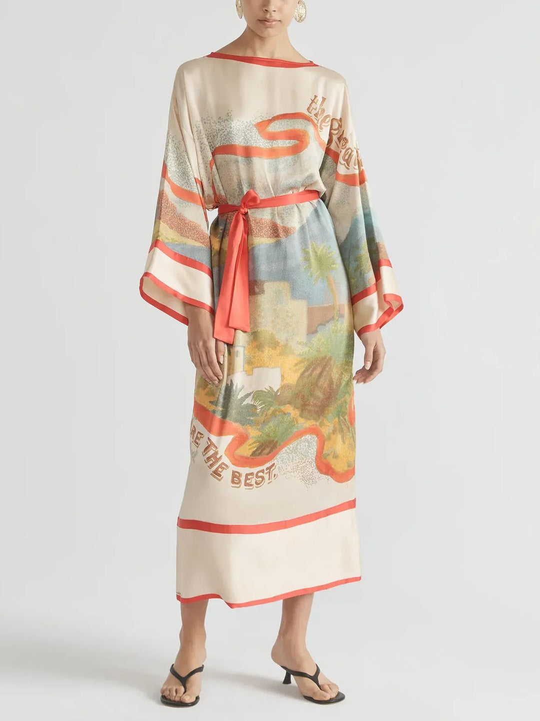 Elegant Scenic Print Kimono-Style Belted Maxi Dress