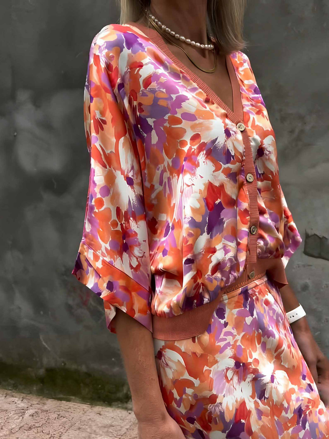 Exquisite Floral Print Satin Batwing Sleeve Shirt