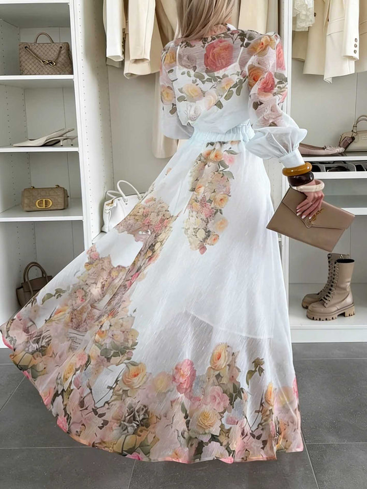 Elegant Sheer Floral Print Top & Skirt Two-Piece Set