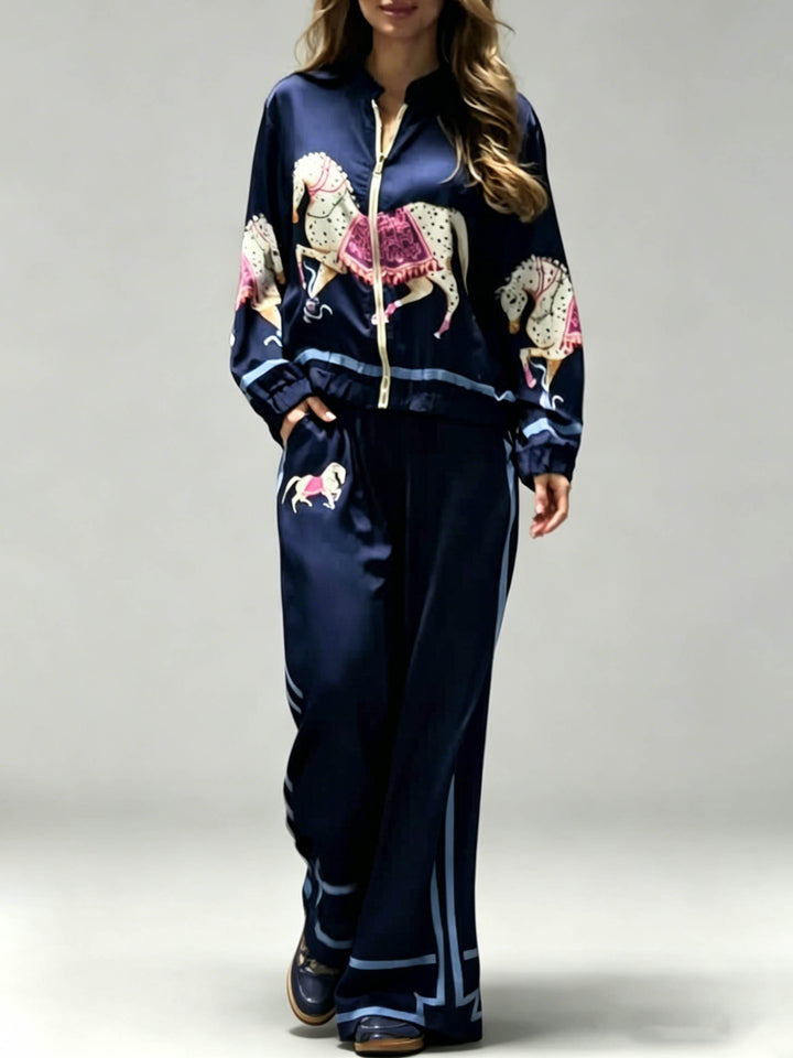 Exquisite Satin Horse Print Zip Jacket & Wide-Leg Pants Two-Piece Set