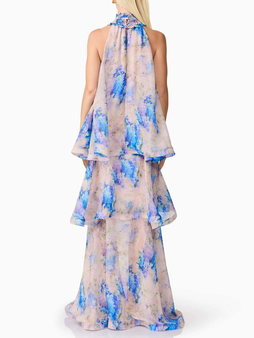 Elegant Rose Floral Halter Tiered High-Low Maxi Dress