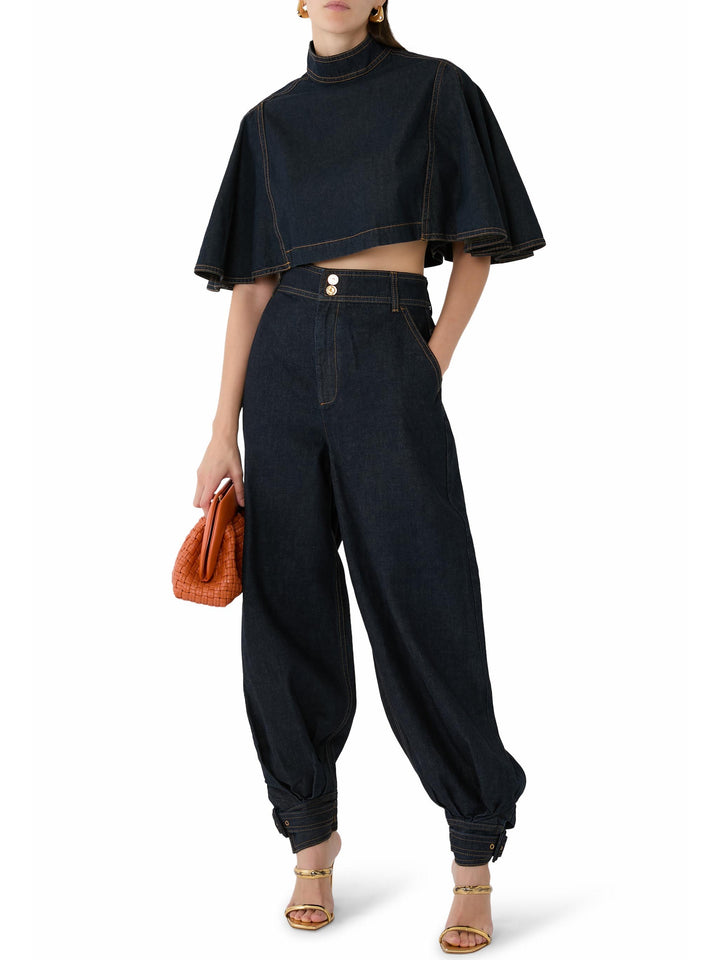 Modern Denim Cape Top & High-Waist Tapered Pants Two-Piece Set